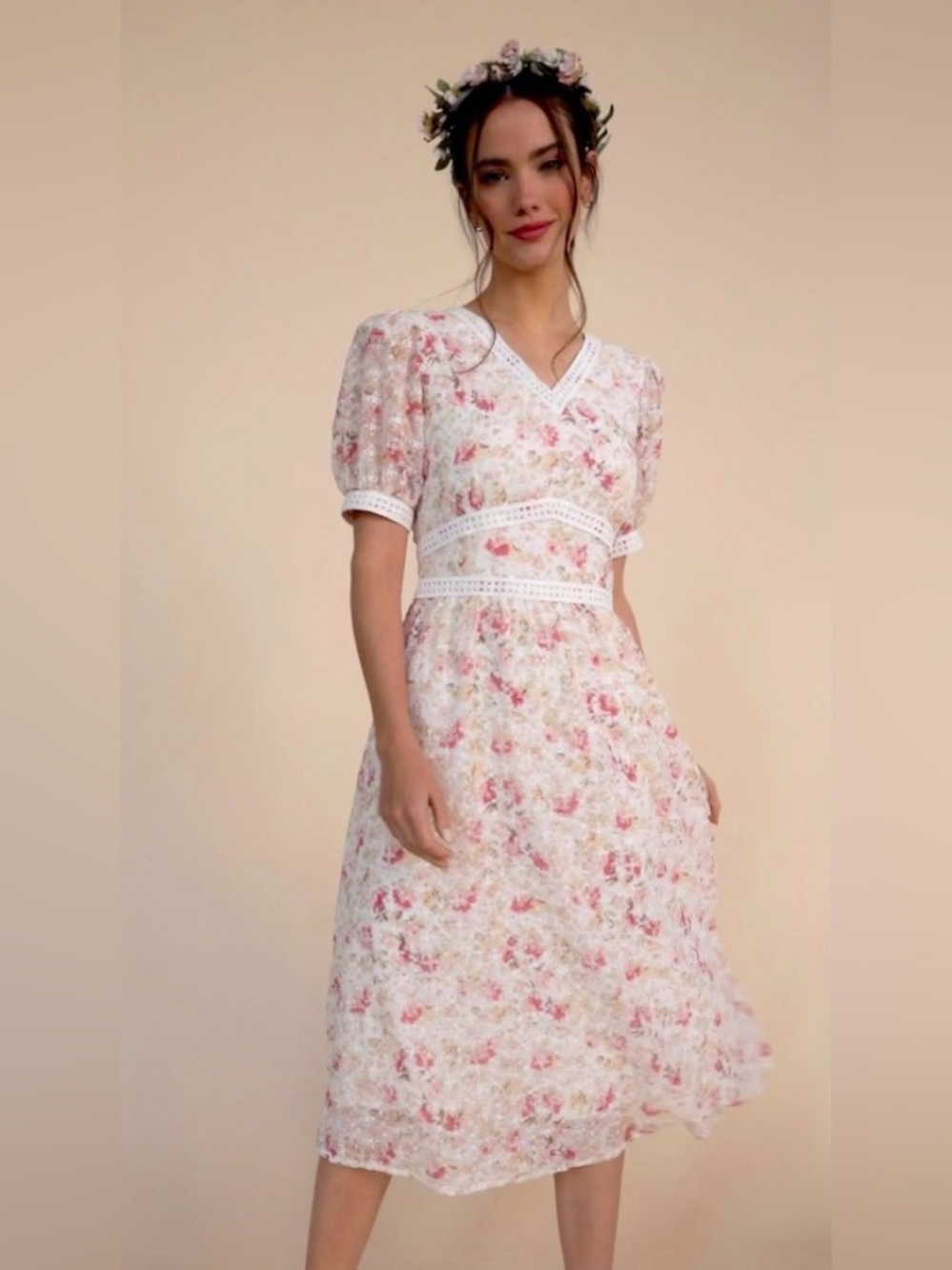 Ivy City Co Essie Floral V‑Neck Puff Sleeve Midi Dress Size XS